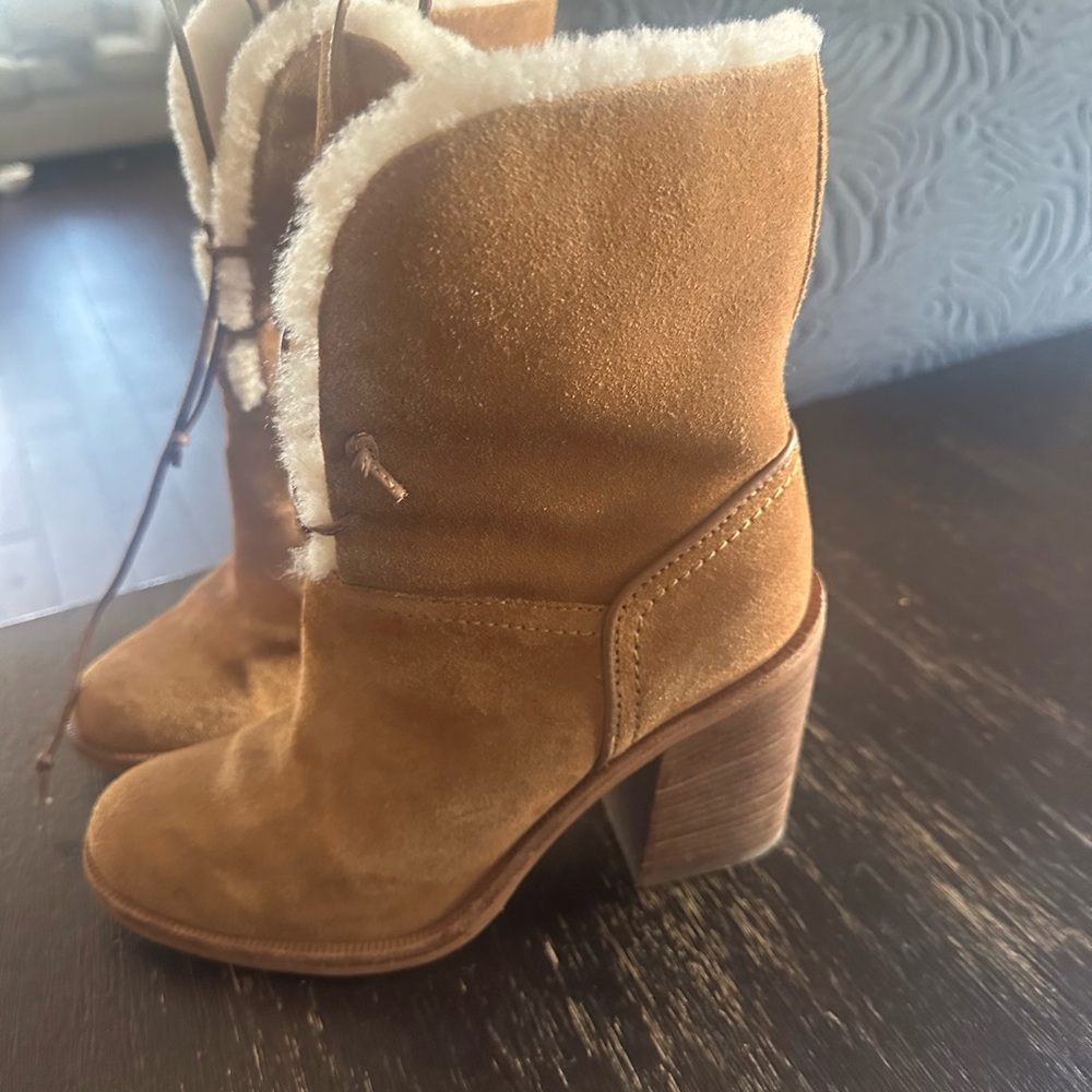 UGG Tan Suede Heeled Boots with Shearling Trim